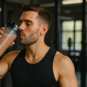 Athletic man drinking bone broth protein powder in the gym