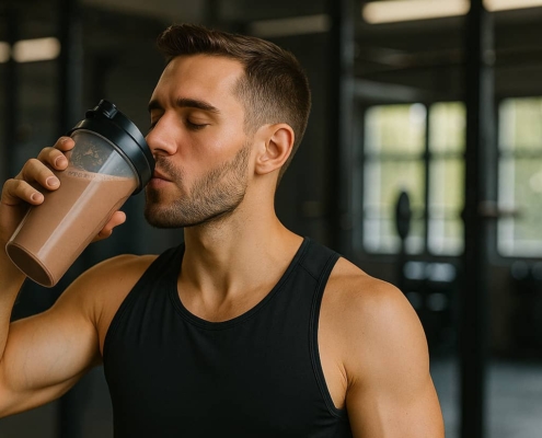 Athletic man drinking bone broth protein powder in the gym