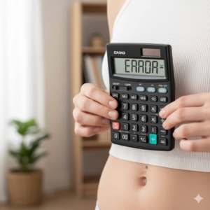 Your body is not a calculator when losing weight. A woman holding a calculator that says "error".