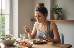 A stressed woman eating food and staying healthy